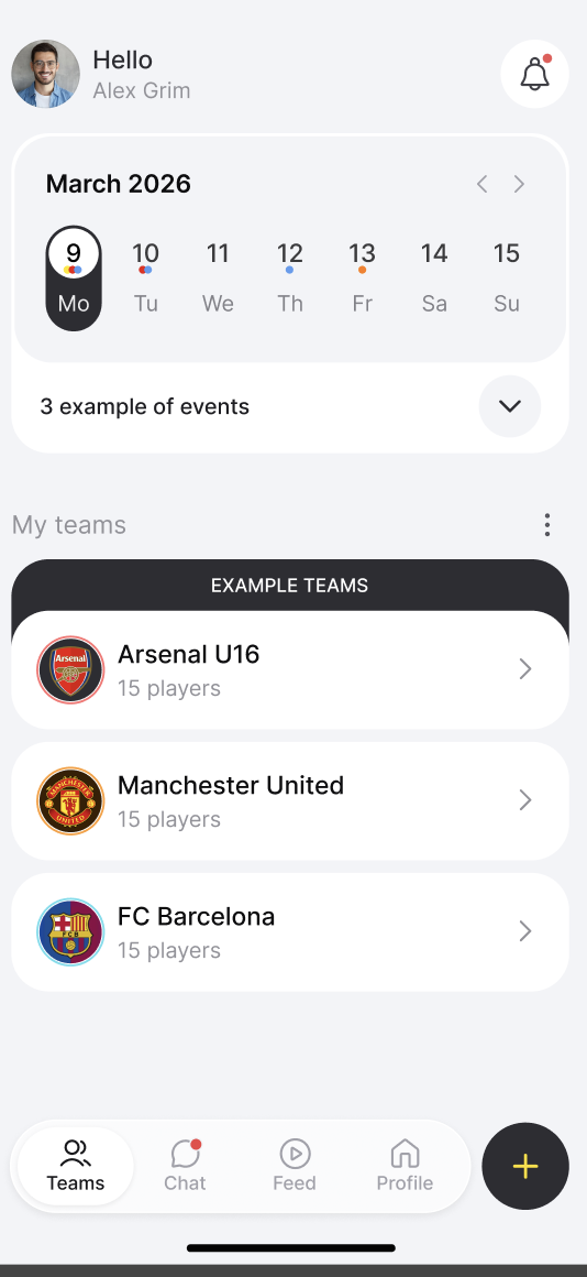The Ultrain app showing a coach's teams and schedule
