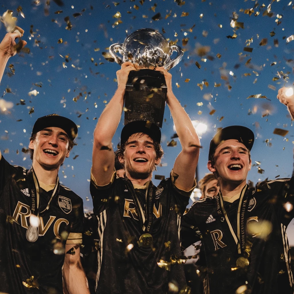 A team lifting the trophy under gold confetti